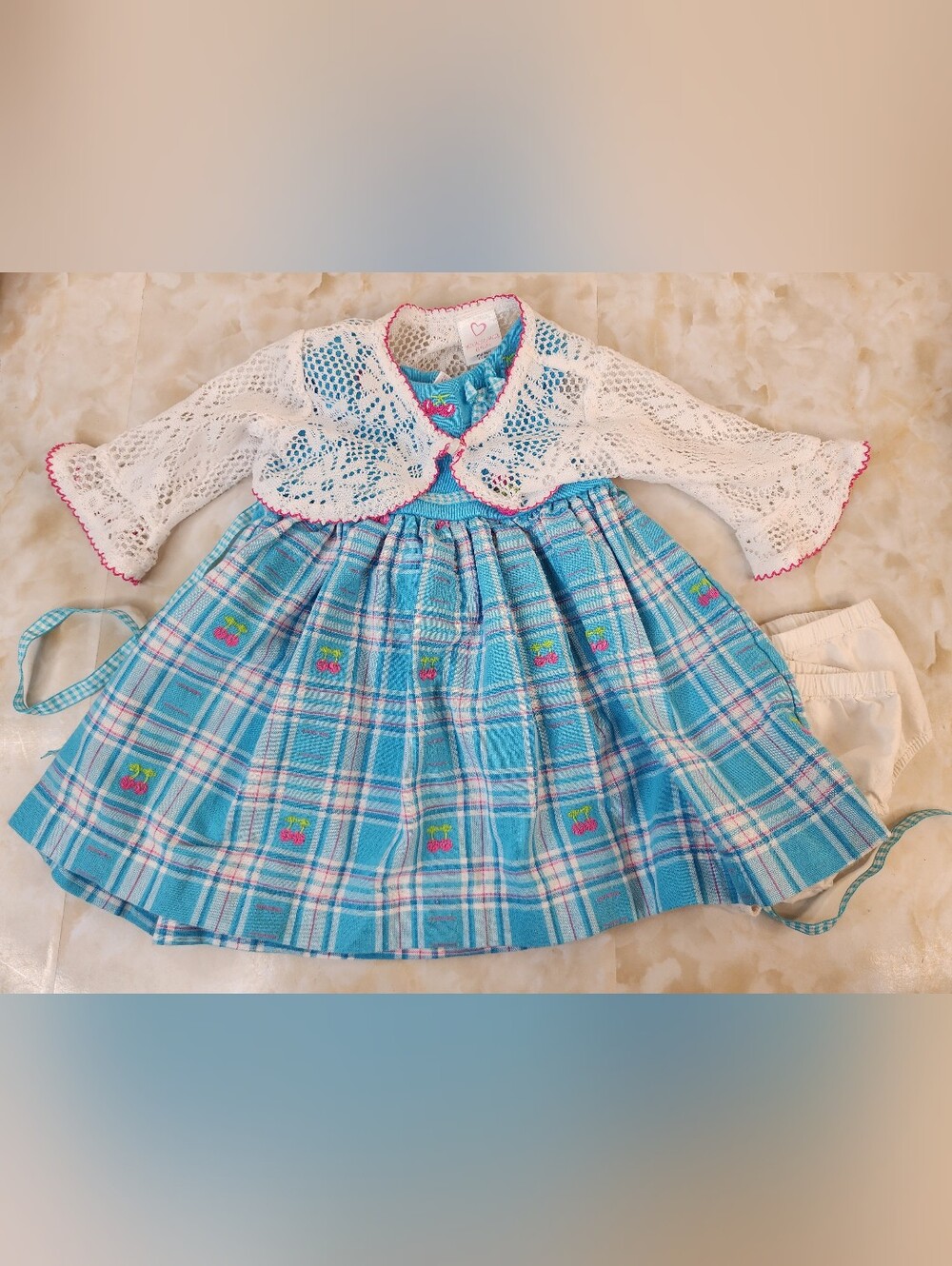 Vintage Baby Girl 12 Month  Blue Plaid Cherry Dress With Cardigan